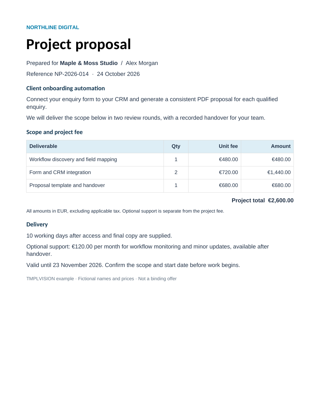Word text edited: proposal for Maple & Moss Studio with three deliverables and a €2,600 project total.