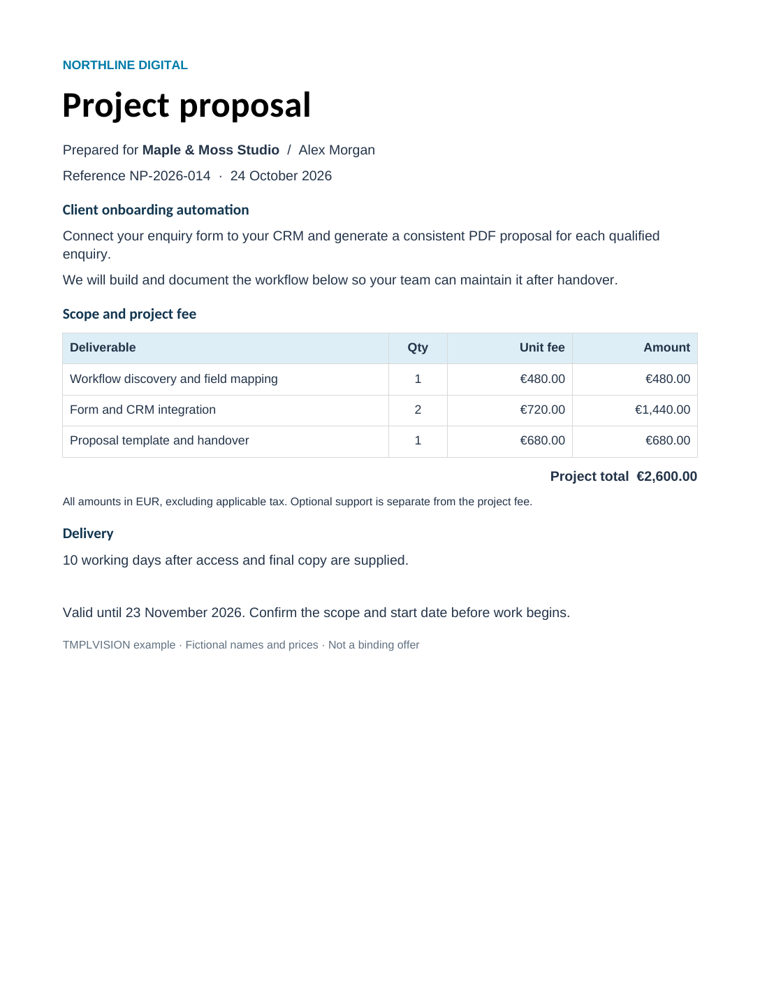 Without support: proposal for Maple & Moss Studio with three deliverables and a €2,600 project total.